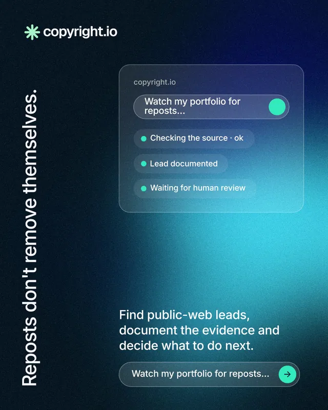 Instagram portrait post for copyright.io: "Reposts don't remove themselves." Agentic glass style, vertical layout, dark palette in black, teal, blue.