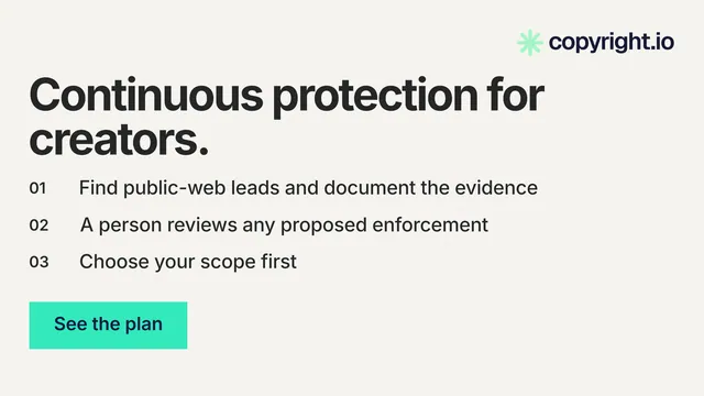 Landscape graphic for copyright.io: "Continuous protection for creators." Swiss style, numbered layout, light palette in white, grey, green.