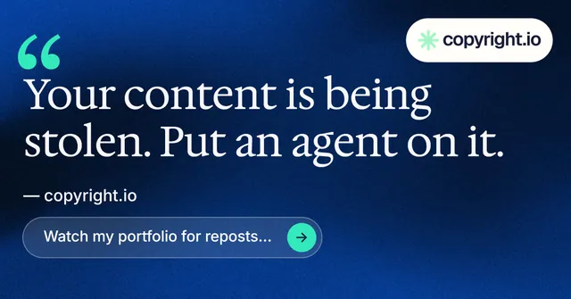 Social ad for copyright.io: "Put an agent on it." Agentic glass style, quote layout, dark palette in blue.