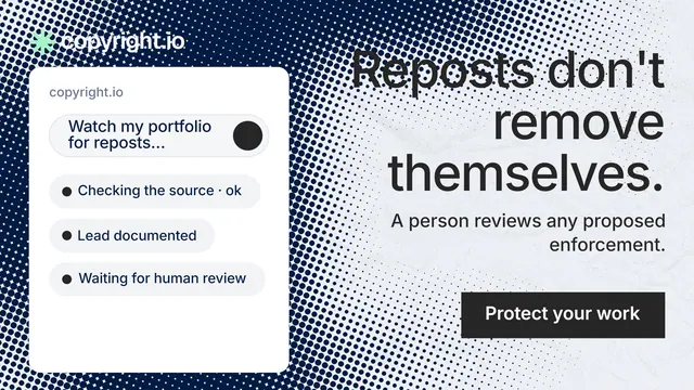 Landscape graphic for copyright.io: "Reposts don't remove themselves." Swiss style, right layout, light palette in blue, grey, white.