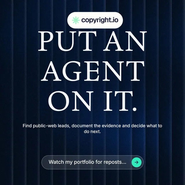 Instagram post for copyright.io: "Put an agent on it." Agentic glass style, centred layout, dark palette in black, grey.
