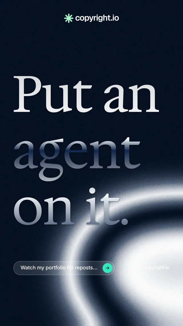 Instagram story for copyright.io: "Put an agent on it." Agentic glass style, poster layout, dark palette in black, grey, blue.