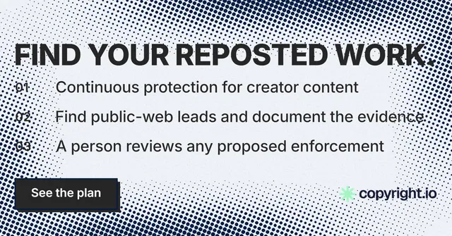 Social ad for copyright.io: "Find your reposted work." Brutalist style, numbered layout, light palette in grey, blue, white.