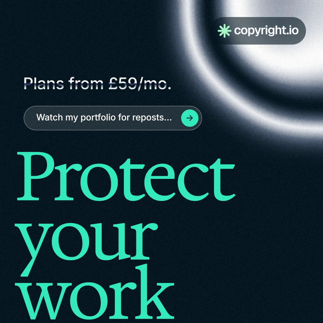 Instagram post for copyright.io: "Your content is being stolen." Agentic glass style, oversized layout, dark palette in black, teal.