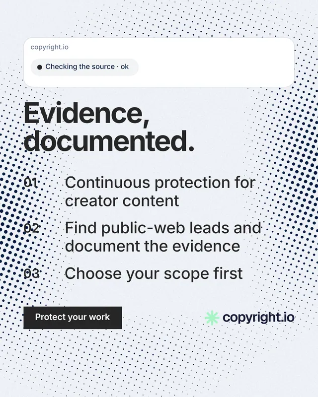 Instagram portrait post for copyright.io: "Evidence, documented." Swiss style, numbered layout, light palette in white, blue, grey.
