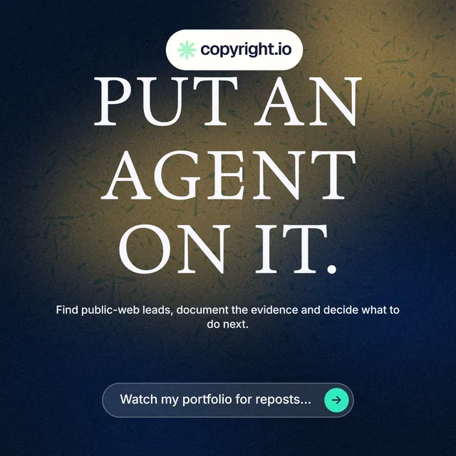 Instagram post for copyright.io: "Put an agent on it." Agentic glass style, centred layout, dark palette in black, grey, blue.