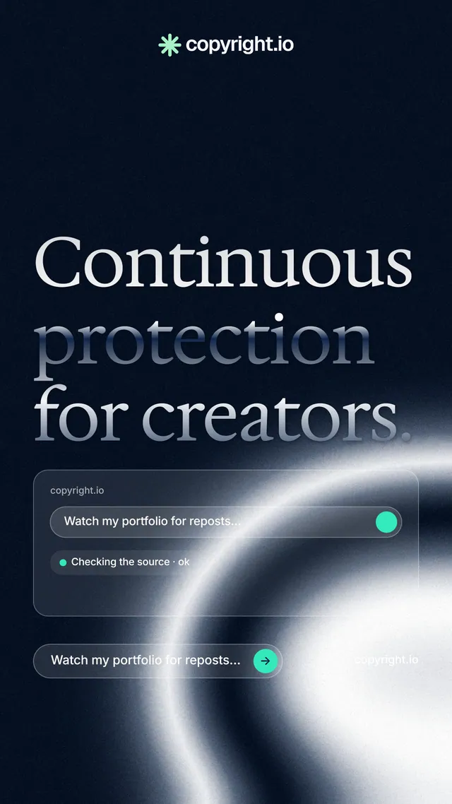 Instagram story for copyright.io: "Continuous protection for creators." Agentic glass style, poster layout, dark palette in black, blue, grey.
