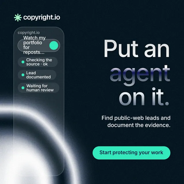Instagram post for copyright.io: "Put an agent on it." Y2K style, right layout, dark palette in black, grey, blue.