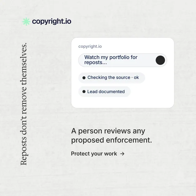 Instagram post for copyright.io: "Reposts don't remove themselves." Minimal luxury style, vertical layout, light palette in white.
