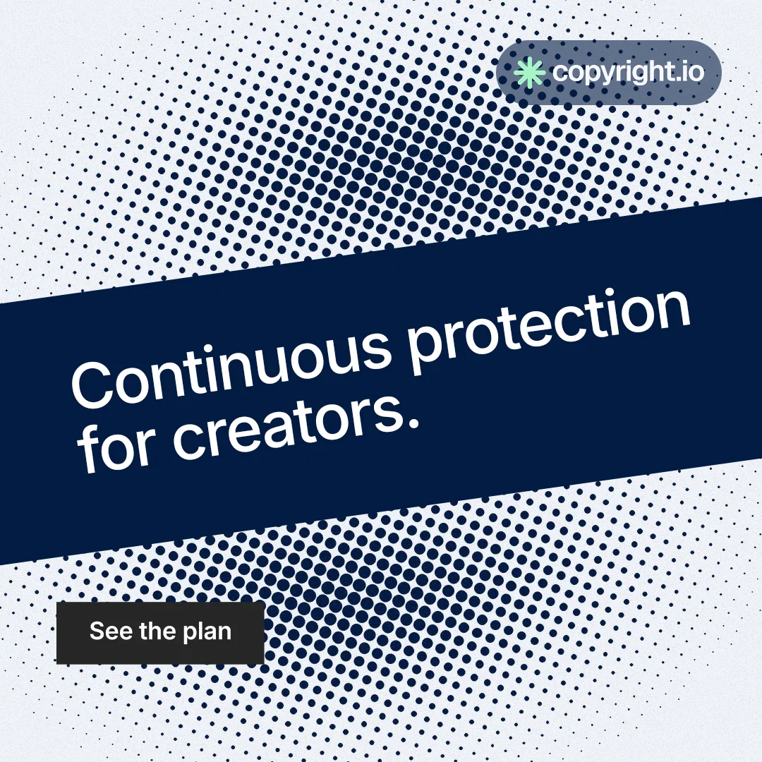 Instagram post for copyright.io: "Continuous protection for creators." Swiss style, diagonal layout, light palette in blue, grey, white.