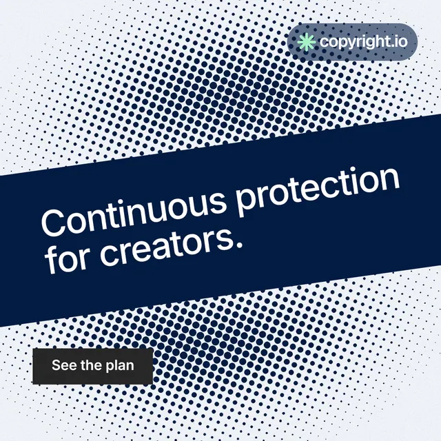 Instagram post for copyright.io: "Continuous protection for creators." Swiss style, diagonal layout, light palette in blue, grey, white.