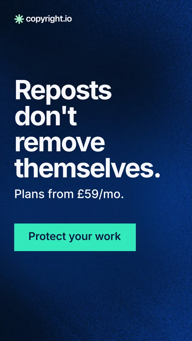 Instagram story for copyright.io: "Reposts don't remove themselves." Swiss style, skeleton layout, dark palette in blue, black, teal.