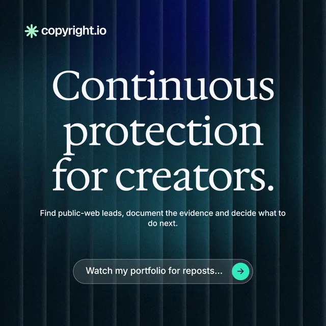 Instagram post for copyright.io: "Continuous protection for creators." Agentic glass style, centred layout, dark palette in blue, black, grey.