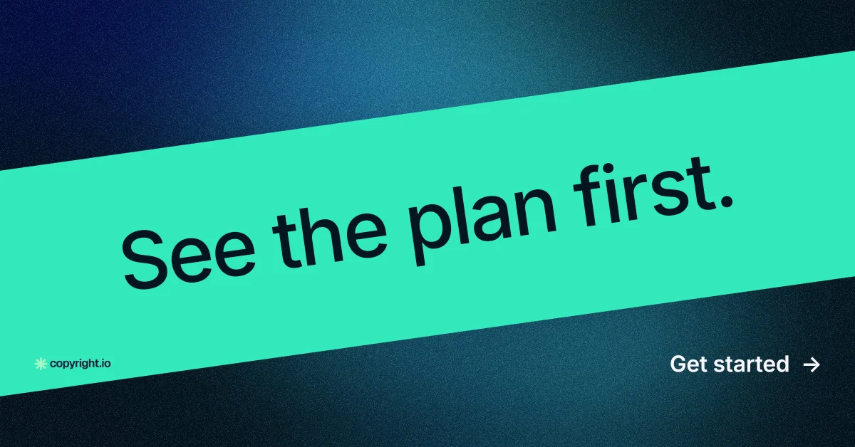 Social ad for copyright.io: "See the plan first." Minimal luxury style, diagonal layout, light palette in teal, blue.