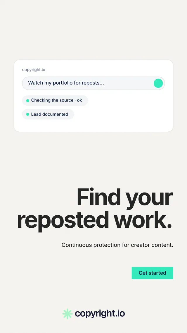 Instagram story for copyright.io: "Find your reposted work." Swiss style, right layout, light palette in white, grey.