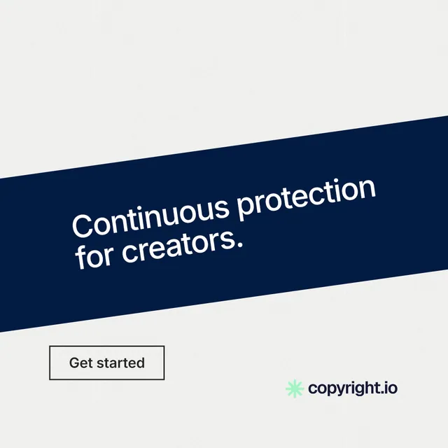 Instagram post for copyright.io: "Continuous protection for creators." Editorial style, diagonal layout, light palette in white, blue, grey.