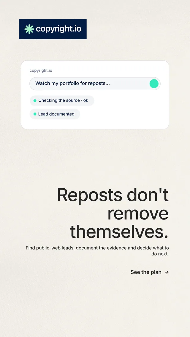 Instagram story for copyright.io: "Reposts don't remove themselves." Minimal luxury style, right layout, light palette in white, grey.