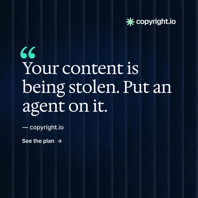 Instagram post for copyright.io: "Put an agent on it." Minimal luxury style, quote layout, dark palette in black, blue.