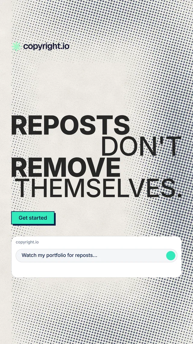 Instagram story for copyright.io: "Reposts don't remove themselves." Brutalist style, stacked layout, light palette in grey, yellow, white.