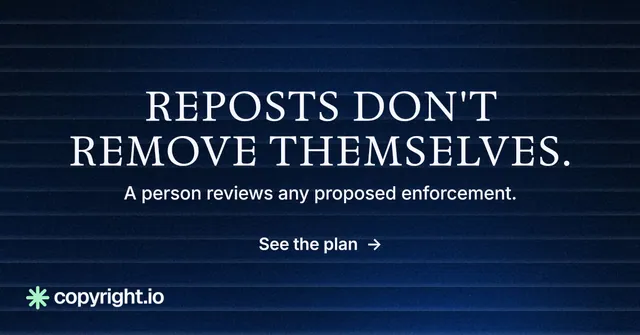 Social ad for copyright.io: "Reposts don't remove themselves." Minimal luxury style, centred layout, dark palette in black, blue, grey.