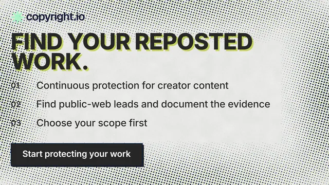 Landscape graphic for copyright.io: "Find your reposted work." Brutalist style, numbered layout, light palette in grey, white.