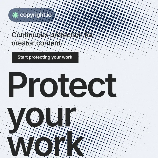 Instagram post for copyright.io: "Put an agent on it." Split block style, oversized layout, light palette in grey, white, blue.