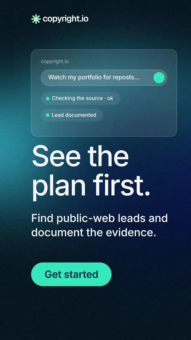 Instagram story for copyright.io: "See the plan first." Agentic glass style, skeleton layout, dark palette in black, blue, teal.