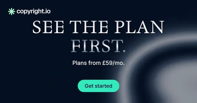 Social ad for copyright.io: "See the plan first." Y2K style, centred layout, dark palette in black, grey, blue.