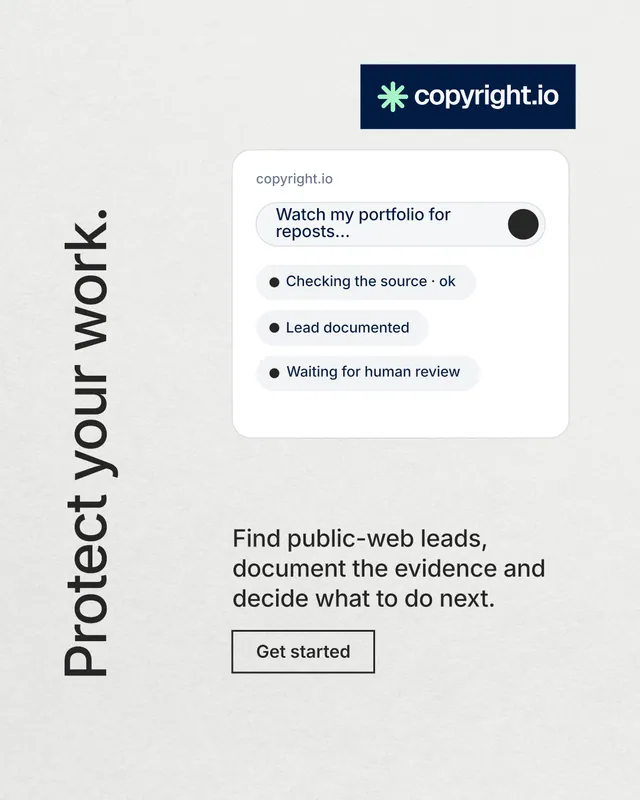 Instagram portrait post for copyright.io: "Protect your work." Editorial style, vertical layout, light palette in white, grey.