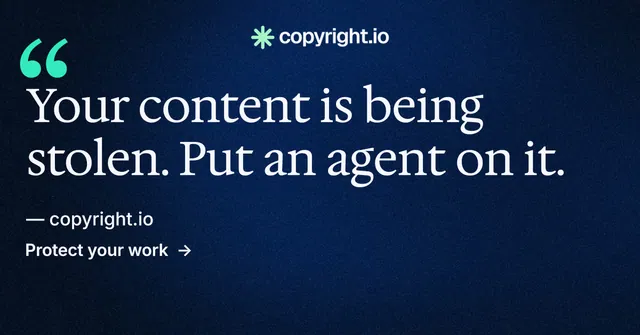 Social ad for copyright.io: "Find your reposted work." Minimal luxury style, quote layout, dark palette in blue, black.