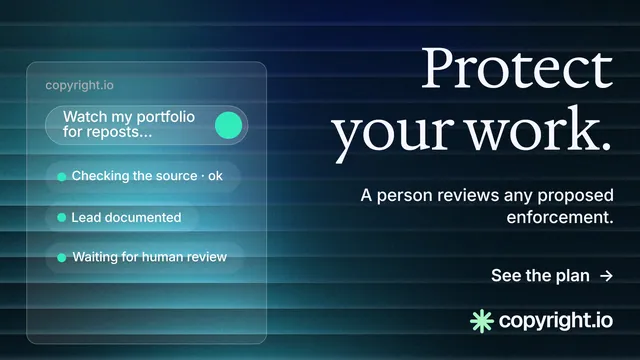 Landscape graphic for copyright.io: "Protect your work." Minimal luxury style, right layout, dark palette in black, blue, teal.