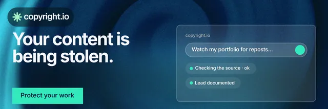X header for copyright.io: "Your content is being stolen." Swiss style, bottom layout, dark palette in blue, teal.