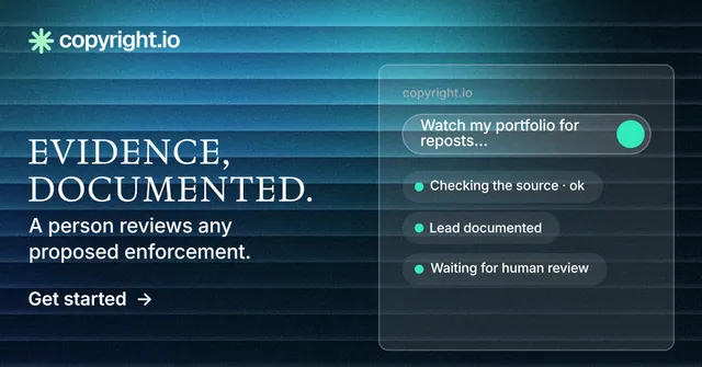 Social ad for copyright.io: "Evidence, documented." Minimal luxury style, bottom layout, dark palette in blue, black, teal.