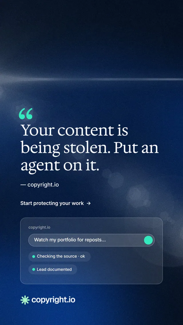 Instagram story for copyright.io: "Continuous protection for creators." Minimal luxury style, quote layout, dark palette in blue, black.