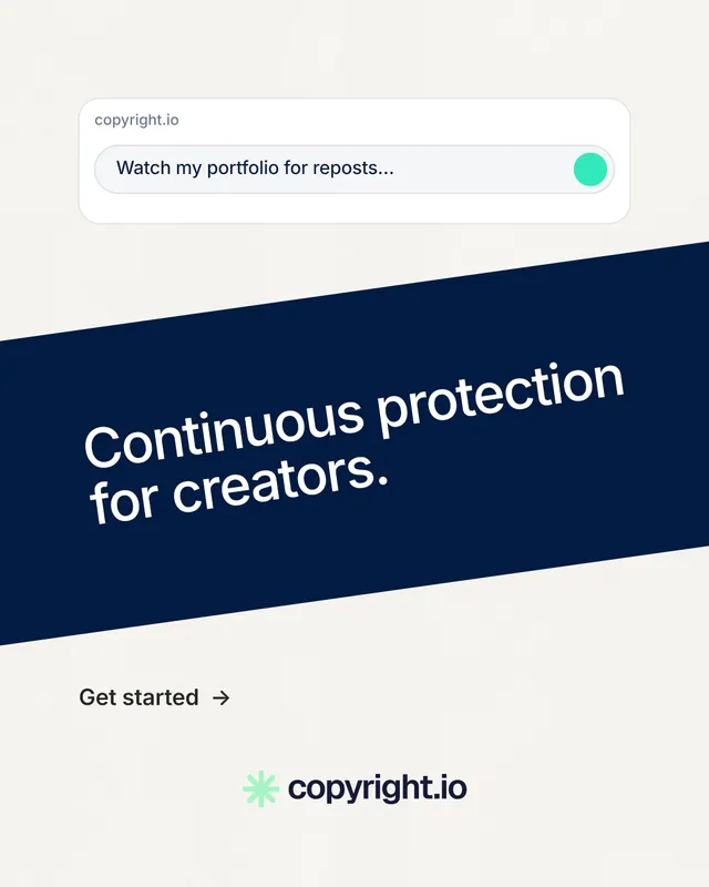 Instagram portrait post for copyright.io: "Continuous protection for creators." Minimal luxury style, diagonal layout, light palette in white, blue.