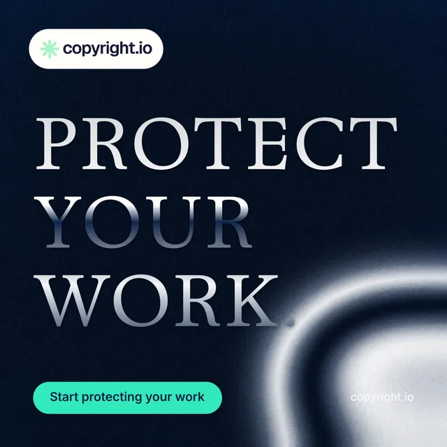 Instagram post for copyright.io: "Protect your work." Y2K style, poster layout, dark palette in black, grey, blue.