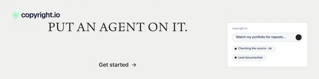 LinkedIn banner for copyright.io: "Put an agent on it." Minimal luxury style, skeleton layout, light palette in white.