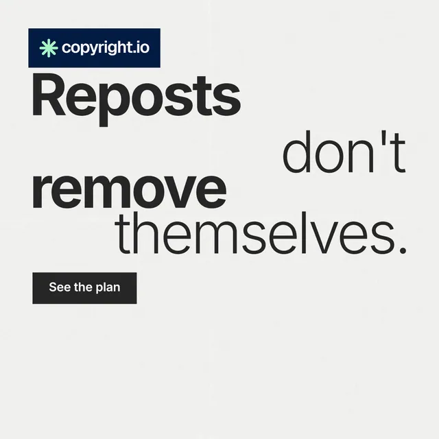 Instagram post for copyright.io: "Reposts don't remove themselves." Swiss style, stacked layout, light palette in white, grey.