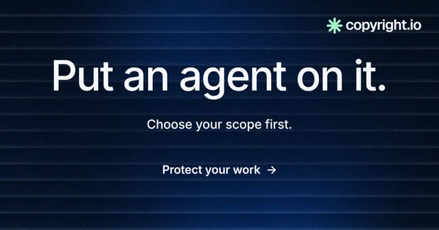 Social ad for copyright.io: "Put an agent on it." Minimal luxury style, centred layout, dark palette in black, blue.