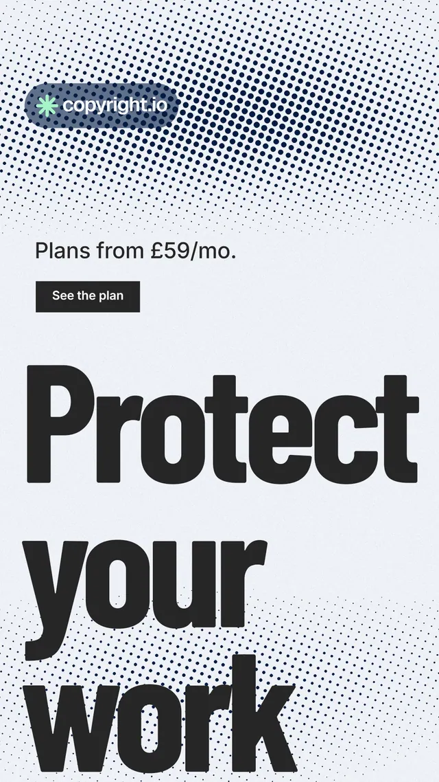 Instagram story for copyright.io: "Continuous protection for creators." Retro print style, oversized layout, light palette in white, grey.