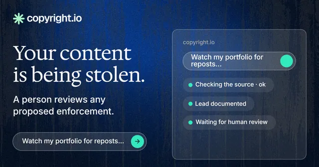 Social ad for copyright.io: "Your content is being stolen." Agentic glass style, bottom layout, dark palette in blue, black.