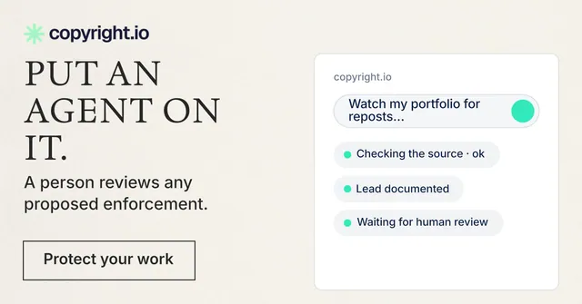 Social ad for copyright.io: "Put an agent on it." Editorial style, bottom layout, light palette in white.