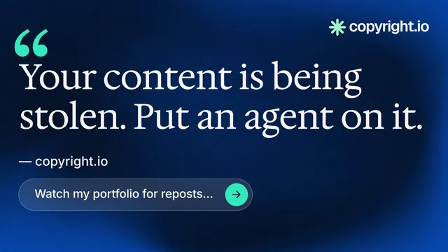 Landscape graphic for copyright.io: "Reposts don't remove themselves." Agentic glass style, quote layout, dark palette in blue, black.