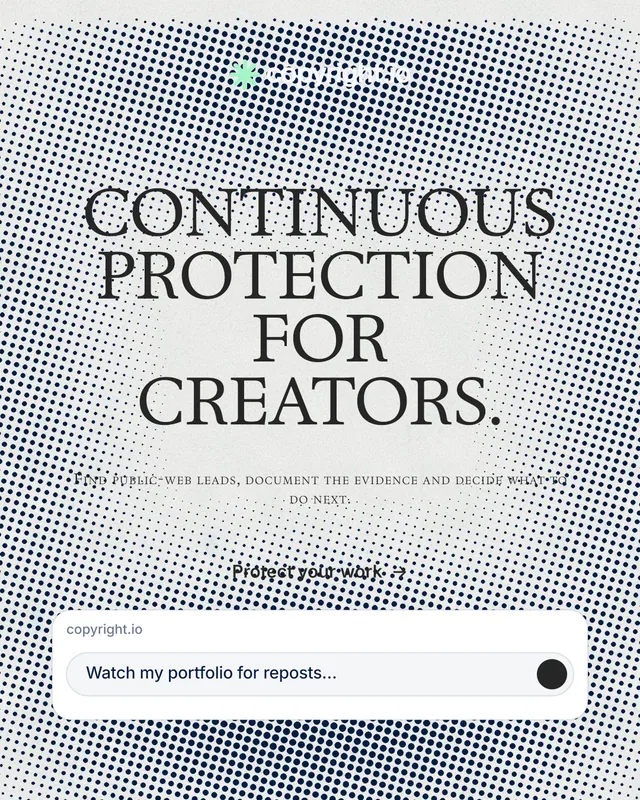 Instagram portrait post for copyright.io: "Continuous protection for creators." Retro print style, smallcaps layout, light palette in grey, white.