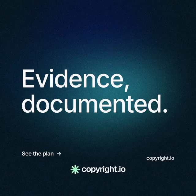 Instagram post for copyright.io: "Evidence, documented." Minimal luxury style, poster layout, dark palette in black, blue.