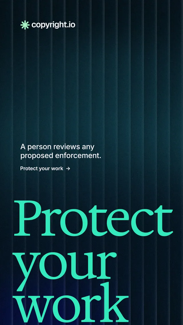 Instagram story for copyright.io: "Reposts don't remove themselves." Minimal luxury style, oversized layout, dark palette in blue, black, teal.