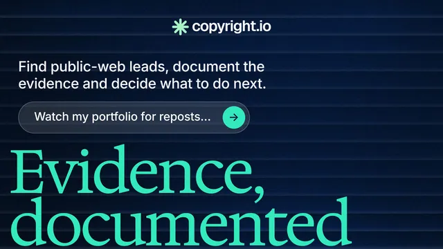 Landscape graphic for copyright.io: "Reposts don't remove themselves." Agentic glass style, oversized layout, dark palette in blue, teal, black.