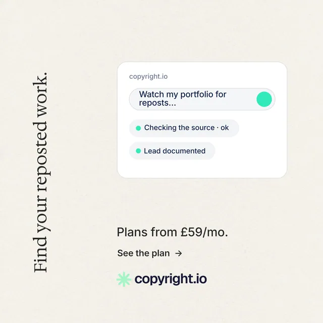 Instagram post for copyright.io: "Find your reposted work." Minimal luxury style, vertical layout, light palette in white.