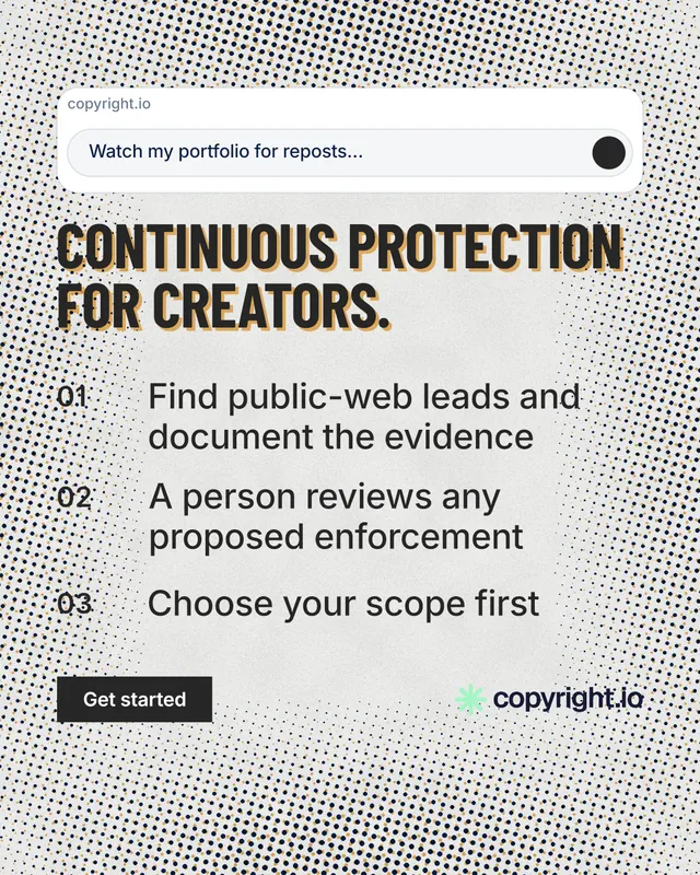 Instagram portrait post for copyright.io: "Continuous protection for creators." Retro print style, numbered layout, light palette in grey, white.