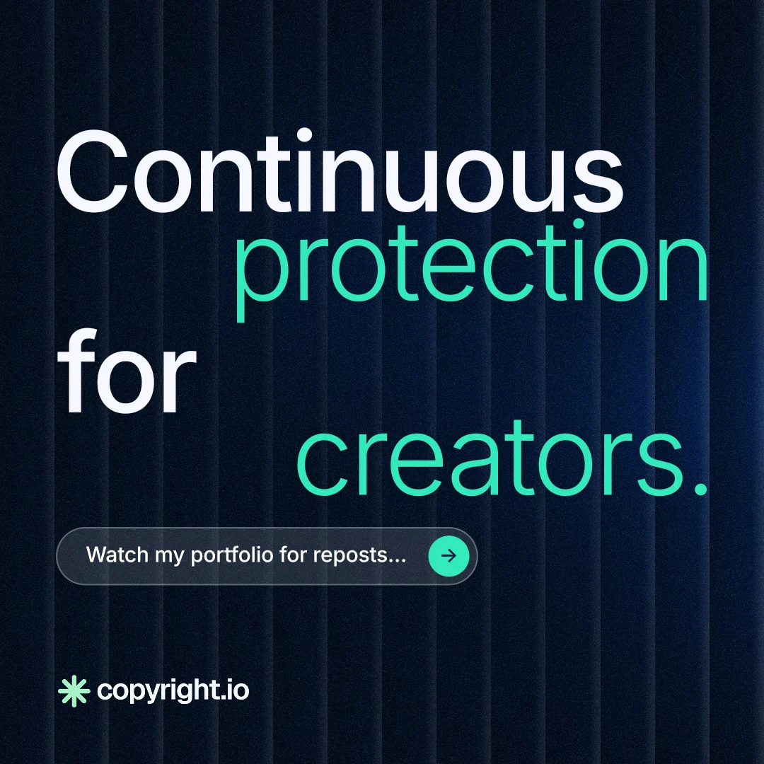Instagram post for copyright.io: "Continuous protection for creators." Agentic glass style, stacked layout, dark palette in black, blue, teal.